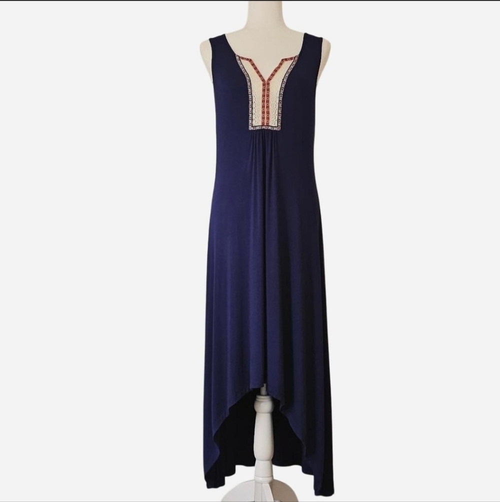 CABLE & GAUGE‎ Women's Size M Navy High Low Dress with Crochet Neckline.